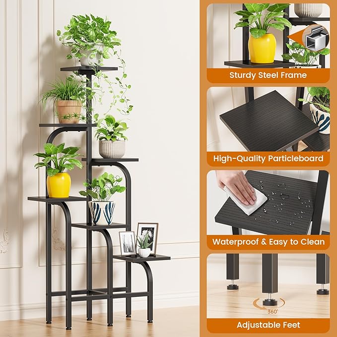 6 Tier Plant Stand Indoor, Plant Shelf for Multiple Plants, Flower Pot Holder Shelf, Planter Display Rack for Patio Garden Balcony Living Room Bedroom Decor, Black