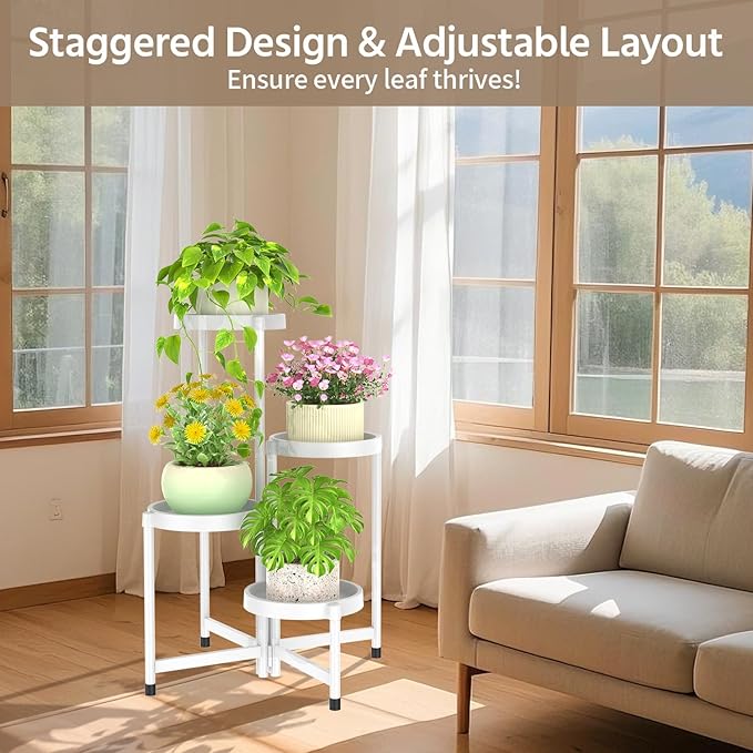 LASZOLA 4 Tiered Folding Plant Stand Indoor for Multiple Large Planter, Tall Heavy Duty Adjustable Rack with Rust Proof Plastic Shelving, Sturdy Vertical Tree Organizer for Narrow Inside Floor, White