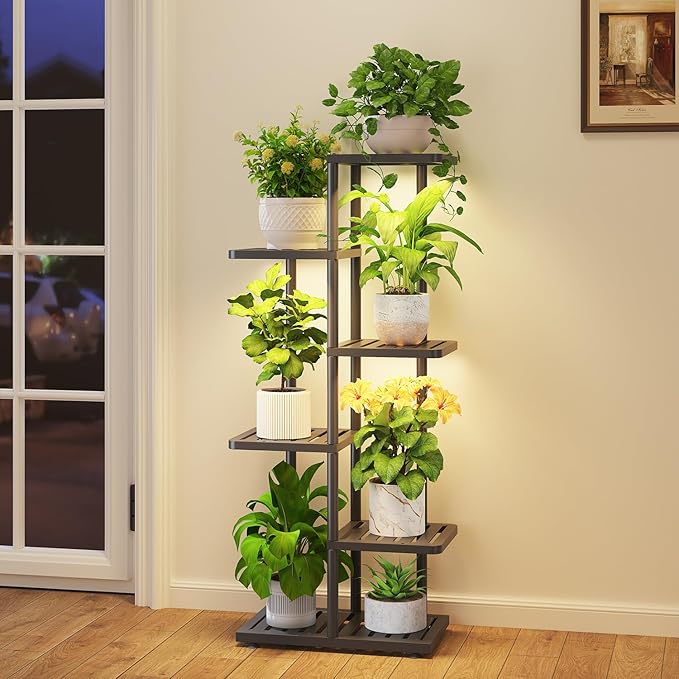 iDavosic.ly Plant Stand with Grow Light Indoor Outdoor, 5-Tier Tall Metal Flower Shelf for Heavy-Duty Large Planters, Corner Orchid Display Rack for Living Room Balcony Patio Porch, Modern Black