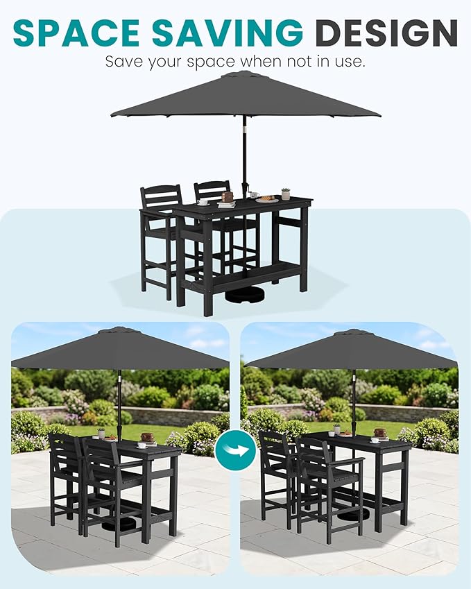 SERWALL Outdoor Bar Set with 9ft Umbrella, All-Weather HDPE Patio Bar Chairs and Table, Outdoor Furniture Set for Poolside, Backyard, Garden - Black