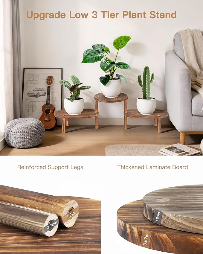 3 Tier Corner Plant Stand Indoor - Adjustable Wood Convex Flower Stand for Small Spaces, Heavy Duty Long Plant Shelf for Living Room Balcony Hallway