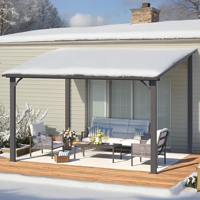 AECOJOY 12' x 10' Outdoor Hardtop Pergola Gazebo for Patio, Large 10x12 Galvanized Steel Heavy Duty Lean to Gazebo, Wall-Mounted Pergolas and Gazebos Clearance, Metal Patio Roof Awnings for Backyard