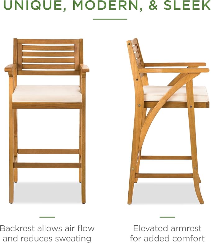 Best Choice Products Set of 2 Outdoor Acacia Wood Bar Stools Bar Chairs for Patio, Pool, Garden w/Weather-Resistant Cushions - Cream