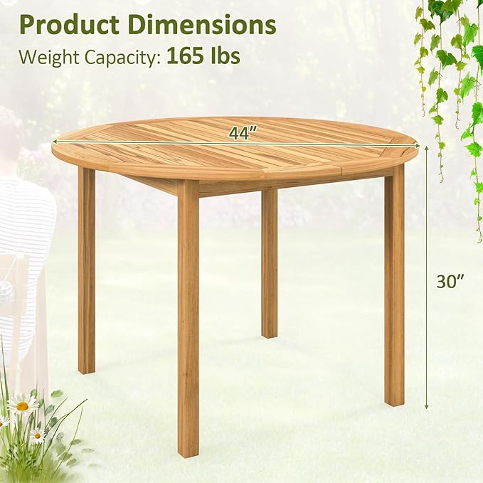 Tangkula 44" Round Outdoor Dining Table for 4, Acacia Wood 4-Person Large Patio Dining Table, Farmhouse Indoor Outdoor Dining Furniture for Deck, Garden, Poolside & Backyard