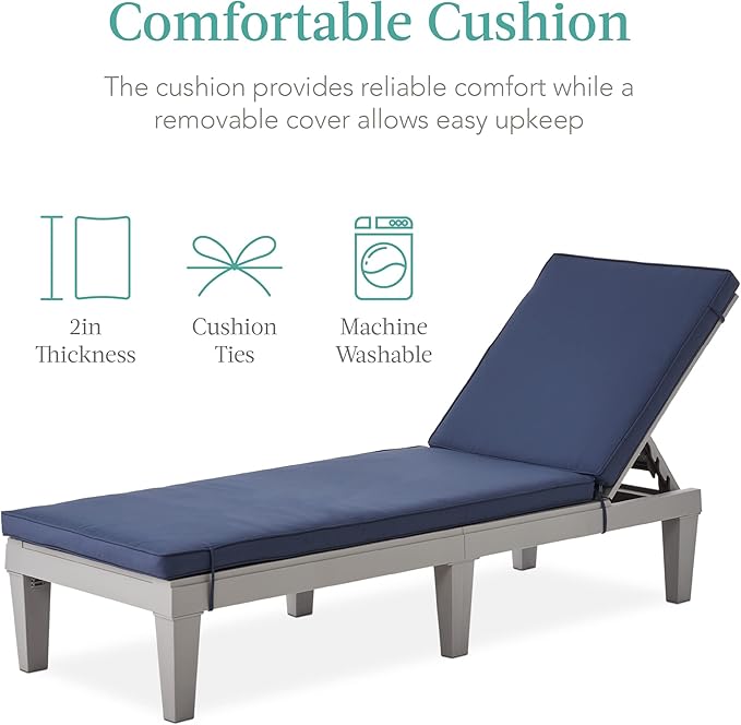 Best Choice Products Outdoor Lounge Chair, Resin Patio Chaise Lounger for Poolside, Backyard, Porch w/Seat Cushion, Adjustable Backrest, 5 Positions, 330lb Capacity - Gray/Navy