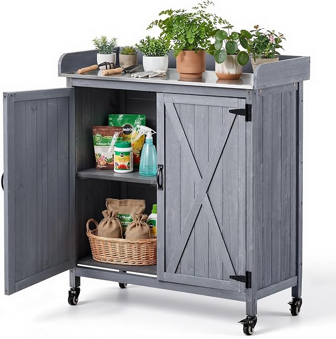 VEVOR Potting Bench Table, Outdoor Gardening Wooden Storage Cabinet with 36 x 16 in Galvanized Iron Tabletop, Garden Planting Workstation with Large Storage Space, 4 Casters for Patio, Backyard, Gray