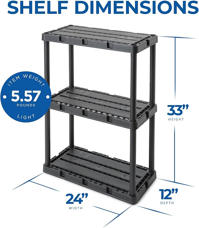 Gracious Living 3 Pack Light Duty Storage Shelves, Knect-A-Shelf 3-Shelf Ventilated Shelving Rack Organizer for Home, Garage, Basement, Laundry, Black