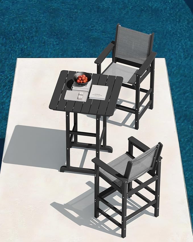 SERWALL Textilene Adirondack Bar Chairs Set of 2, Tall Adirondack Bar Height Chairs, Sling Balcony Adirondack Chairs, Weather Resistance Resin Outdoor Bar Height Stools, Black