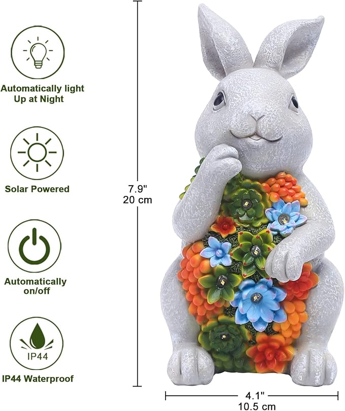Nacome Solar Garden Outdoor Statues Bunny with Succulent and 7 LED Lights – Lawn Decor for Patio, Balcony, Yard Ornament - Chrismtas Gifts for Mom Grandma