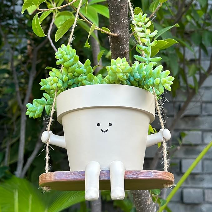 Hanging Planter Swing Face Plant Pot - Cute Resin Head Planters with Drainage Hole Indoor Outdoor Plant Holder, Succulent/String of Pearls Flower Pots, Unique Sitting Sway Pots, Gift Ideas for Mother