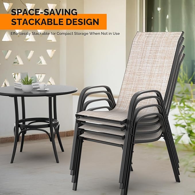 VINGLI Patio Chairs Set of 2 – Stackable Outdoor Dining Chairs with Comfortable Sling High Back Chairs and Armrests for Lawn, Poolside, Courtyard, Balcony, Garden, Yellow