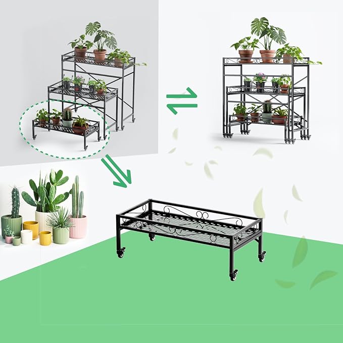 Zhongma Sturdy Metal Plant Stand with Wheels, 32.7x16x11.6 Inch High, Heavy Duty Succulent Shelf for Home Indoor and Outdoor, 220 LBS Capacity & Heavy Duty Construction