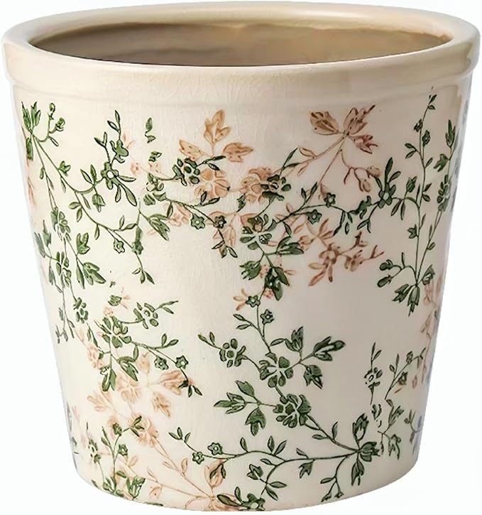 Ceramic Planter with Drainage Hole, Plastic Tray & Mesh, 6.7 Inch - Indoor/Outdoor Flower Pot for Orchids, Succulents, Green Floral Modern Farmhouse Décor for Home,Office and Garden, Ideal Gift