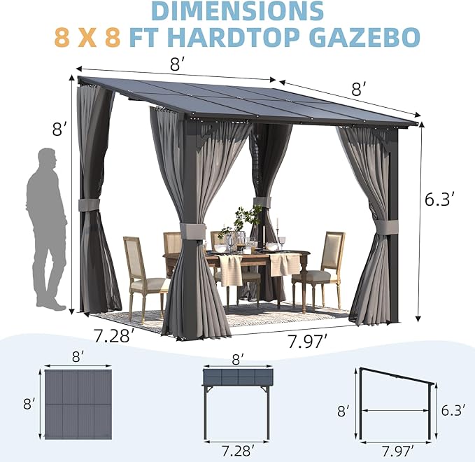 AECOJOY 8' X 8' Gazebo for Patio, Small Wall-Mounted Lean to Pergola 8x8 Gazebo with Curtains and Netting, Hard Top Gazebo on Clearance for Lawn Backyard Garden Deck
