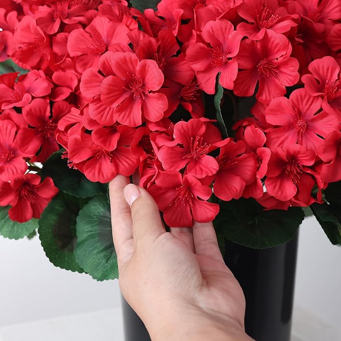 2 Pack Artificial Geranium Flowers Topitary Trees for Outdoors, UV Resistant Geraniums Potted Bushes Look Real Silk Faux Plants for Front Door Garden Porch Planter Farmhouse Home Decor (Red)