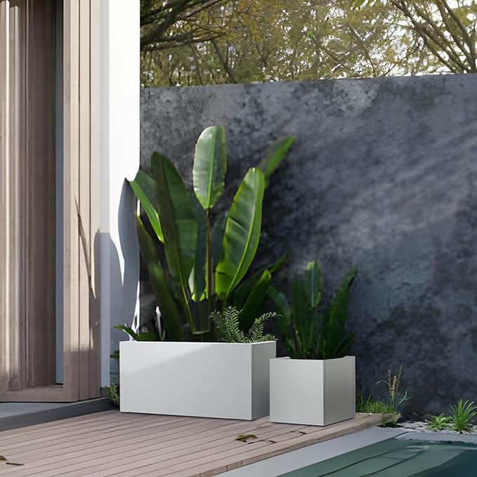White Steel Planter Rectangular Outdoor Indoor Planter Box Galvanized Steel Metal 32" L x 16" W x 16" H Large Planters Flower Pot Modern Commercial Residential for Trees Patio Yard Garden