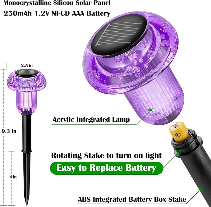 Solar Lights Outdoor Pathway Waterproof 8 Pack Purple LED Acrylic Mushroom Decorative Garden Lights for Yard Landscape Patio Outside Decorations