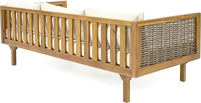Merax 67.5" Outdoor Patio Daybed 3 Seater Sofa Bed,Acacia Wood Frame with Rattan Arm,Cushion & Pillow
