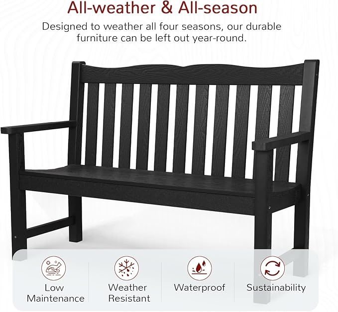 Stoog All-Weather 2-Person Outdoor Bench, 800 lbs Capacity HIPS Plastic Garden Bench for Patio, Backyard, Porch and Park, Never Fades & Rust-Proof, Black