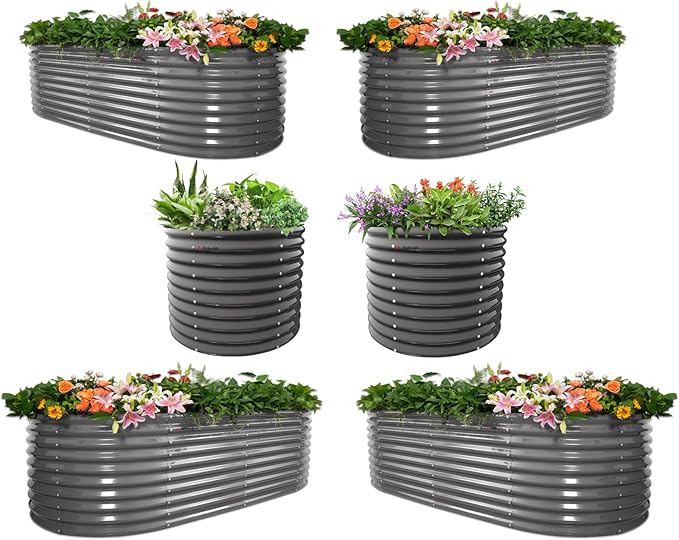 A ANLEOLIFE Set of 6, 30 Inch Extra Tall Galvanized Raised Garden Beds Kit, Large Oval & Round Metal Planters – Ideal for Backyard Vegetables Flowers Herbs, Quartz Grey