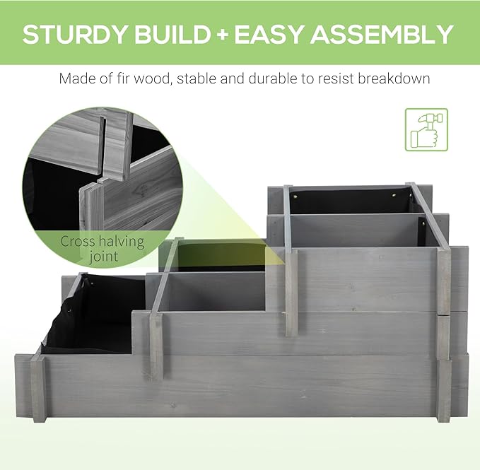 Outsunny 3-Tier Raised Garden Bed with 5 Compartments and Bed Liner, Fir Wood Elevated Planter Box, for Vegetables, Herbs, Outdoor Plants, 37 x 37 x 14in, Gray