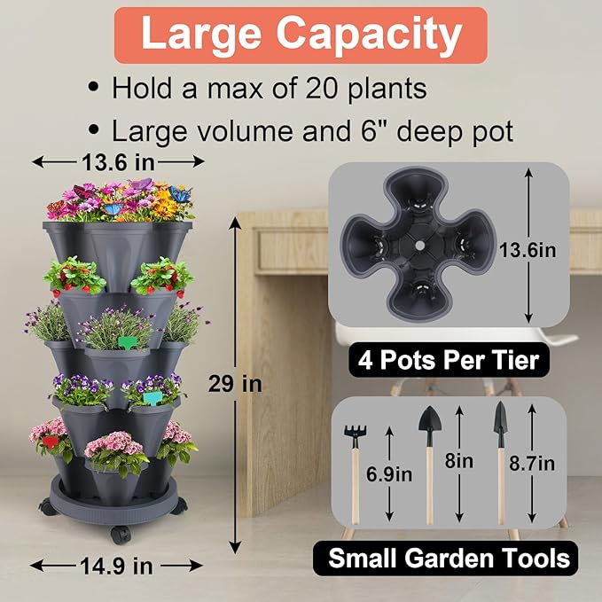 DUNCHATY Stackable Planter, Vertical Strawberry Planter with Garen Tool Set, Self Watering Garden Planter Indoor/Outdoor 5 Tier Herb Planter Pots for Growing Vegetables and Succulents, Dark Gray