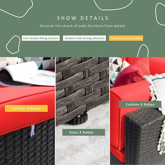 Devoko 2-Piece Modern Red Rattan & Metal Patio Sofa Set - Sectional Corner Sofa & Armless Sofa