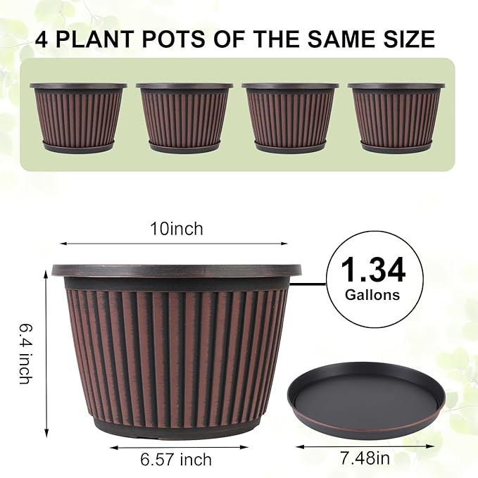 Planter-Pots-for-Plants-Indoor-Outdoor, 4 Pack 10 Inch Plastic Flower Pots with Saucer & Drainage Holes, Modern Garden Planters for Planting Medium Large Plants，Decorative Resin Garden Pots