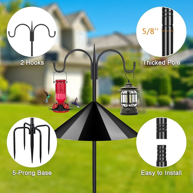 FEED GARDEN Heavy Duty Bird Feeder Pole - 92” Squirrel Proof Shepherd Hook with Baffle, 5-Prong Stable Base, Adjustable Height, Rust Resistant Steel for Outdoor Feeders & Plants