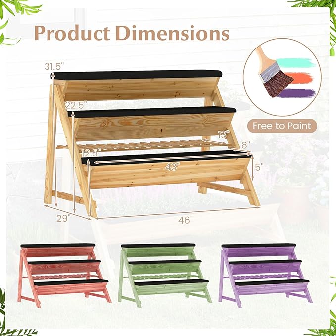 Giantex 3-Tier Vertical Raised Garden Bed, Wood Elevated Planter Box with Legs, Storage Shelf, Liners for Growing Vegetables Herbs Flowers, Indoor Outdoor Freestanding Raised Bed for Patio (Natural)