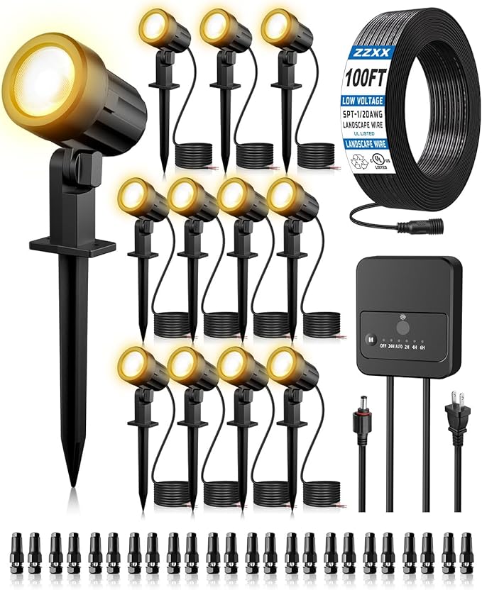 ZZXX All-in-One Low Voltage Landscape Lighting Kit, 12-Pack LED Landscape Lights with Transformer 100FT Wire and Connectors, 2700K Waterproof Landscape Spot Lights for Garden Yard House Tree