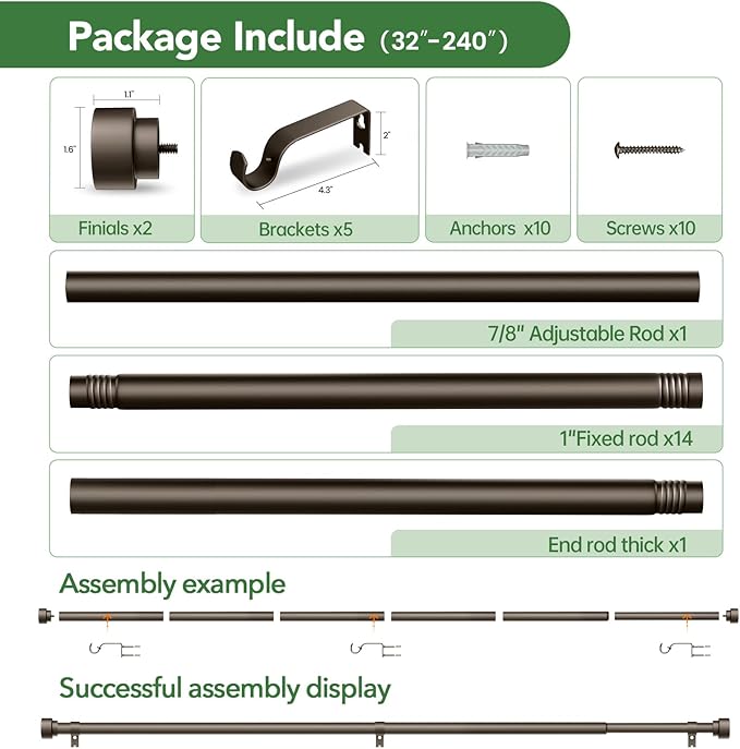 Curtain Rods for Windows 32 to 240, 1 Inch Adjustable Heavy Duty Long Window Outdoor Curtain Rod for Patio, Drapery Rods with Simple End Caps, Size 32"-240", Antique Bronze