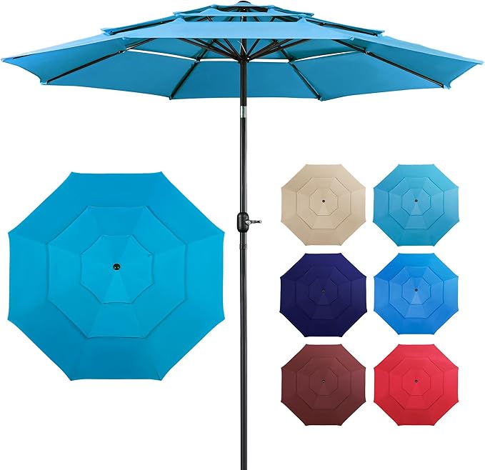 Yaheetech 3-Tier Patio Parasol 10ft Vented Outdoor Canopy Sun Shade Large Market Table Umbrella Double-layer Cloth & Push-button Tilting for Yard/Garden/Park Sky Blue