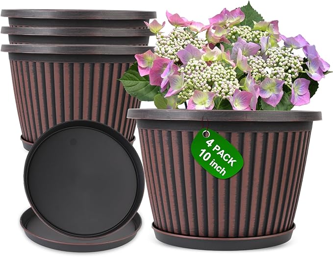 Planter-Pots-for-Plants-Indoor-Outdoor, 4 Pack 10 Inch Plastic Flower Pots with Saucer & Drainage Holes, Modern Garden Planters for Planting Medium Large Plants，Decorative Resin Garden Pots
