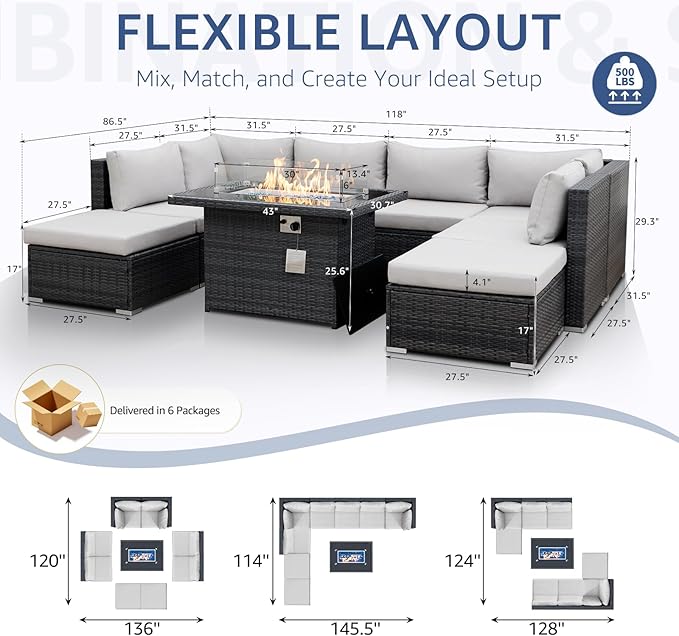 NICESOUL 29.3'' High Back Outdoor Patio Conversation Set with Firepit Natural Gas Propane Convertible, Plus Size Modular Wicker Furniture Couches, 9 Piece Modern Deep Wide Sectional Sofa, Light Gray