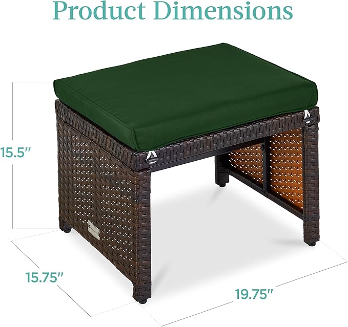 Best Choice Products Set of 2 Wicker Ottomans, Multipurpose Outdoor Furniture for Patio, Backyard, Additional Seating, Footrest, Side Table w/Removable Cushions, Steel Frame - Midnight Green/Brown