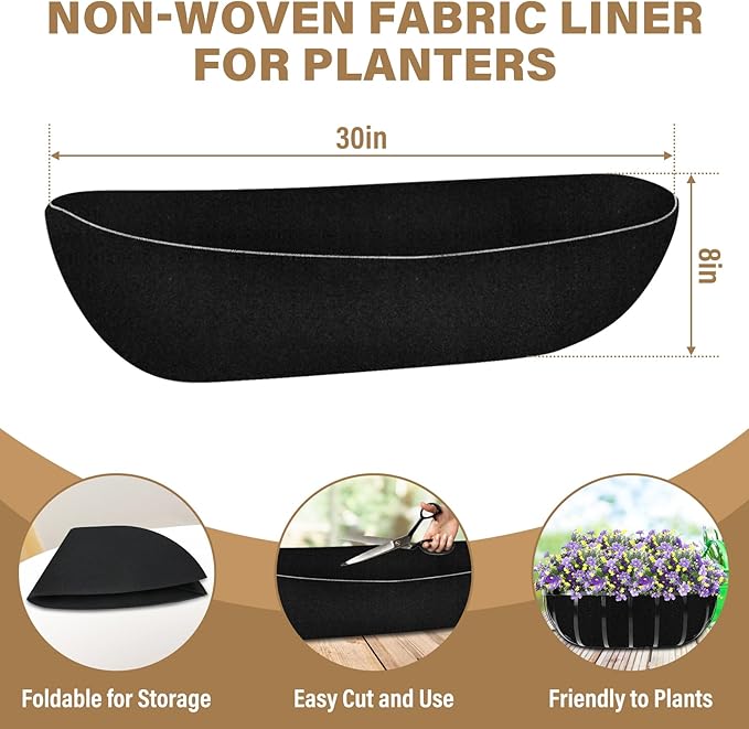 Riare 4 Pack 30 Inch Black Felt Window Box Liners- Fabric Trough Planter Basket Liners Replacement, Non-Woven Hanging Plant Liner for Wall Hanging Basket, Garden Fence Railing (Avoid Bird Nesting)