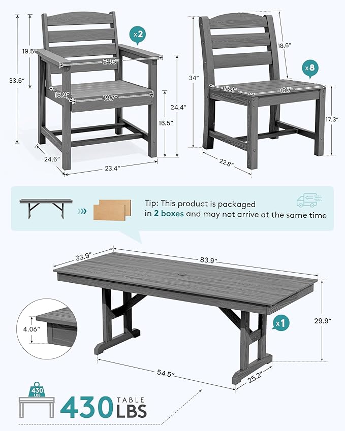 SERWALL 11 Piece Outdoor Dining Set, 84" HDPE Outdoor Table and Chairs for 10，All Weather Patio Furniture Set with Umbrella Hole for Backyard, Garden, Gray