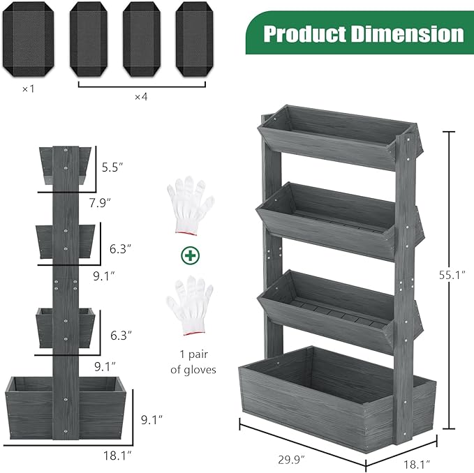 SUNYRISY 4 Tiers Vertical Raised Garden Bed Outdoor Planter Tower, Wooden Freestanding Planter Box for Planting Herbs Flowers Vegetables Patio Balcony Indoor Outdoor Gardening, Grey