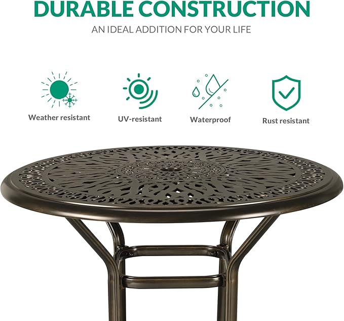 VIVIJASON 5-Piece Patio Swivel Bar Stools Set, All Weather Cast Aluminum Outdoor Bar Height Bistro Set with 4 Cushioned Bar Chairs & 35.4" High Bar Table w/Umbrella Hole for Backyard, Lawn, Garden