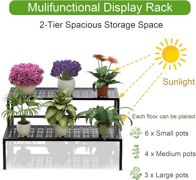 Metal Plant Stand Metal 2 Tier Potted Multiple Flower Pot Holder Plant Shelf Indoor Plants Multiple,Outdoor Heavy Duty Planter Display Shelving Unit for Patio Garden Corner Balcony Living Room(Black)