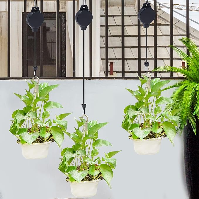 6pcs Plant Pulley Retractable Hanger Easy Reach Plant Pulley Adjustable Height Wheel for Hanging Plants Heavy Duty Plant Hanger for Garden Baskets Pots- Black