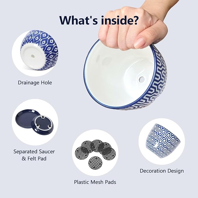Selamica Ceramic Succulent Pots, 3.5 Inch Small Plant Pots for Indoor Plants Cactus Herbs, Succulent Planters with Drainage Holes & Saucers, Home Decor, Set of 6, Vintage Blue