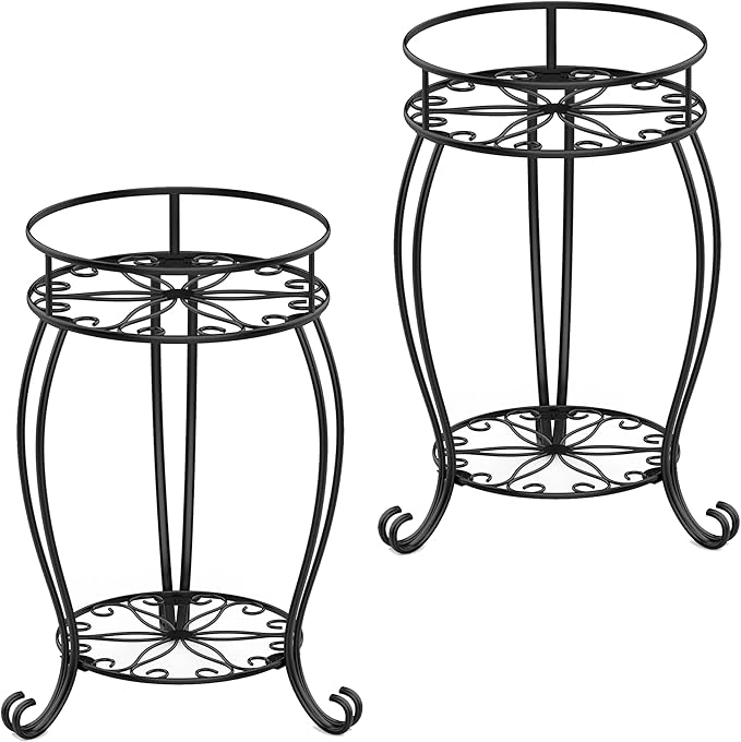 FaithLand 2 Pack Plant Stands, Heavy Duty Metal Planter Holder Indoor Outdoor, 2 Tier Round Potted Supports Rack, Corner Display Shelf Black