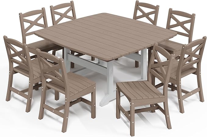 Outdoor Dining Set, HDPE 9-Piece Patio Table and Chairs Set, All-Weather Outdoor Dining Table Set for 8 with Umbrella Hole, Durable Patio Furniture Set with Chairs,White Brown