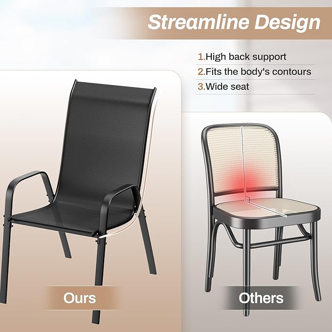 TLSUNNY Patio Chairs, Stackable Textilene Outdoor Dining Furniture for All Weather, with 17.7″ Wide Seat & Metal Frame, for Garden, Backyard, Deck, Restaurant, Poolside (4, Black, 26.4″)