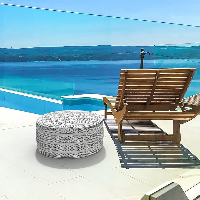 LVTXIII Indoor/Outdoor Inflatable Ottoman with Handle D21 x H9 Inch, Weather-Resistant Round Footstool Pouf for Patio Camping Living Room, Portable Footrest Extra Seating, Herringbone Black White