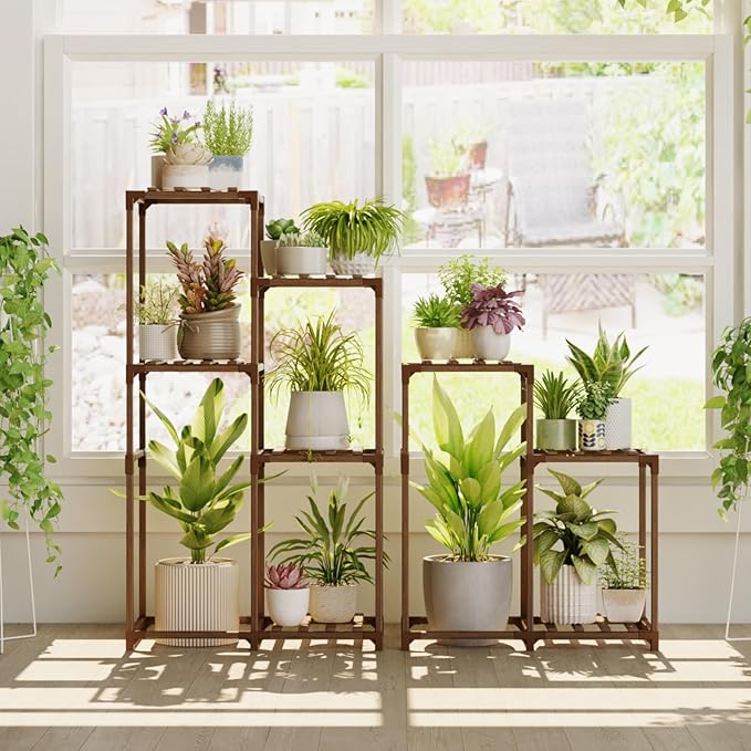 Bamworld Indoor Plant Stands Outdoor Combo Plant Shelves for Multiple Plants 10 Pots Wooden 2 Sets of Package Plant Rack for Living Room Balcony Garden