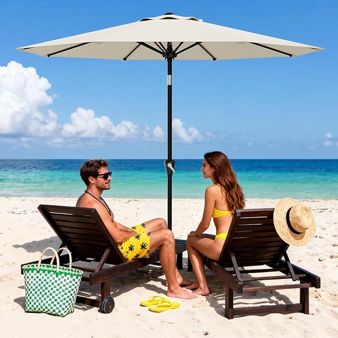 Garvee 10FT Patio Umbrella - Outdoor Table Umbrella with Smooth Crank Lift, Push Button Tilt and 8 Sturdy Ribs - Market Umbrella UV Protection Waterproof for Pool, Deck, Yard, Garden (Beige)