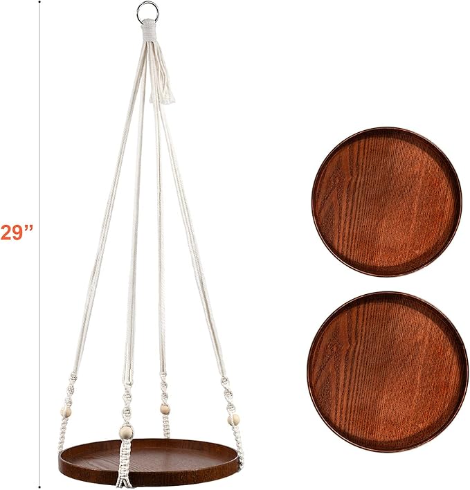 E-Know Macrame Plant Hanger - 2 Set Indoor Hanging Planter Shelf - Hanging Planter Rack Decorative Flower Pot Holder - Handmade Cotton Plant Hangers with Wood Tray Boho Home Decor